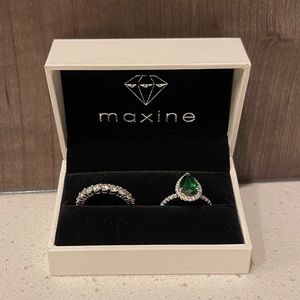 Emerald solitaire & crystal infinity ring set, size 6 with box and polish cloth